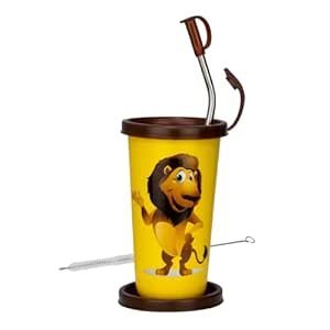 PDDFALCON Stainless Steel Lion Cartoon Print Glass/Tumbler with BPA Free Lid, Steel Straw with Cleaning Brush & Food Grade Cap for Straw and Extra Storage Lid, 100% Leak Proof - 370ml (Yellow)