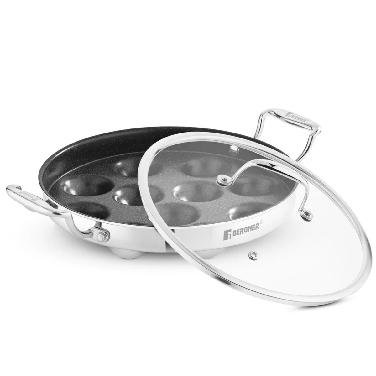 Bergner Argent Samsara Tri-Ply Stainless Steel Round Paniyarakkal with 11 Pits and Glass Lid (25cm Diameter), Quantanium Non-Stick Coating, Consumes Less Oil - Induction Bottom