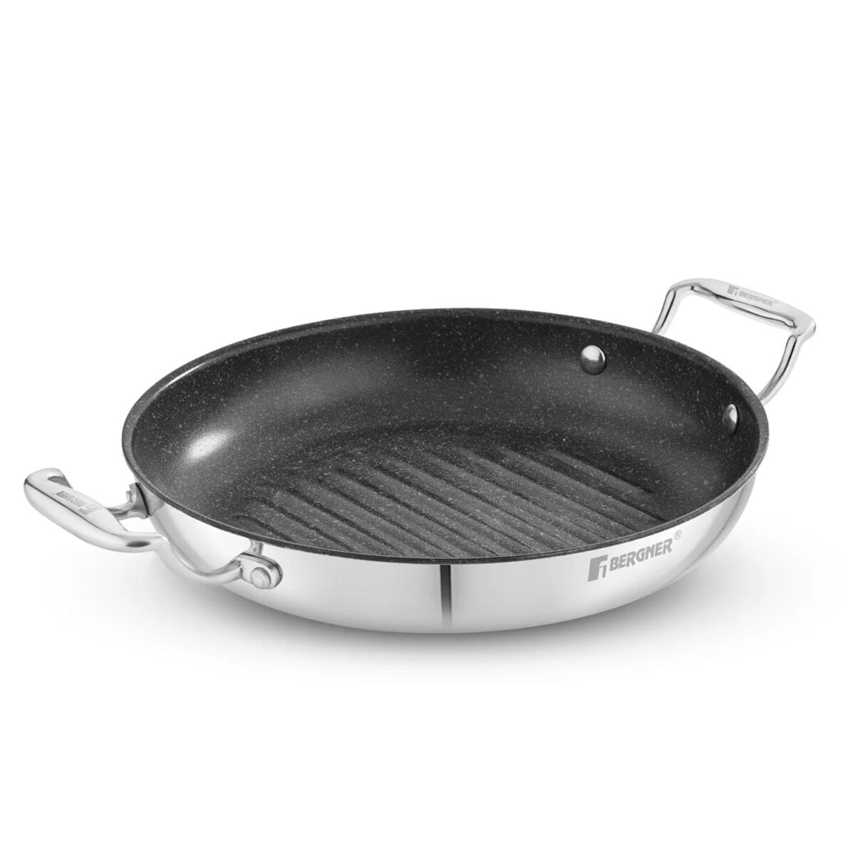 Bergner Argent Samsara Tri-Ply Stainless Steel 26cm Round Grill Pan with Quantanium Non-Stick Coating, Consumes Less Oil - Induction Bottom