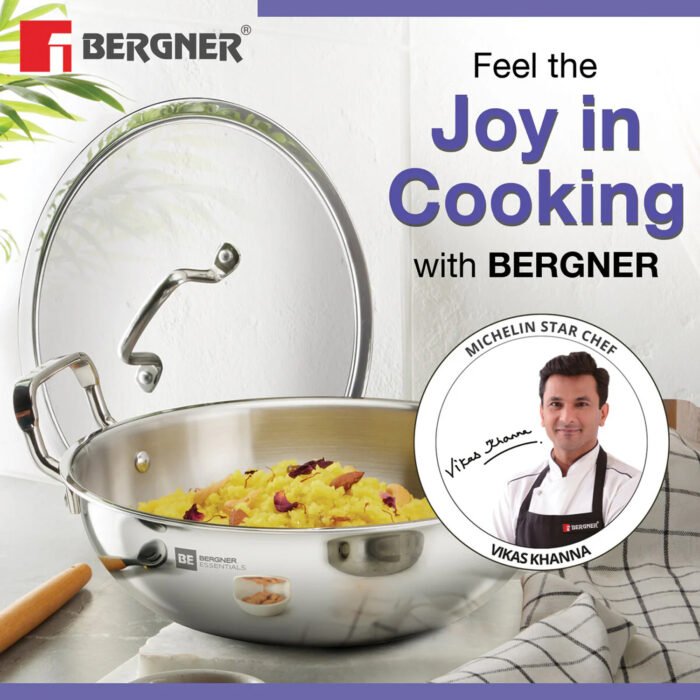 Bergner BE Essentials Tri-Ply Stainless Steel Kadai with Flat Glass Lid, Large Kadhai with Lid, Consumes Less Oil - Full Induction Bottom (5-Year Warranty) - Image 2