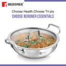 Bergner BE Essentials Tri-Ply Stainless Steel Kadai with Flat Glass Lid, Large Kadhai with Lid, Consumes Less Oil - Full Induction Bottom (5-Year Warranty)