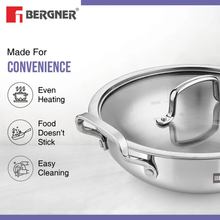 Bergner BE Essentials Tri-Ply Stainless Steel Kadai with Flat Glass Lid, Large Kadhai with Lid, Consumes Less Oil - Full Induction Bottom (5-Year Warranty) - Image 5
