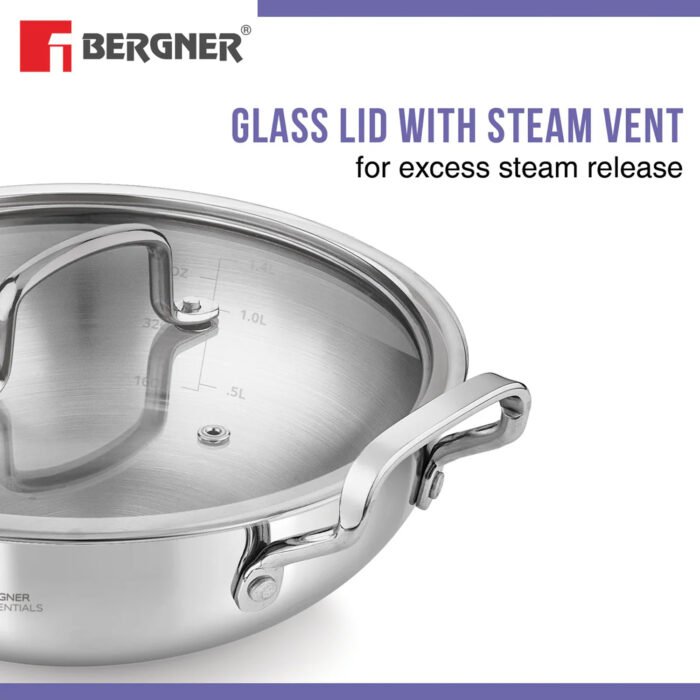 Bergner BE Essentials Tri-Ply Stainless Steel Kadai with Flat Glass Lid, Large Kadhai with Lid, Consumes Less Oil - Full Induction Bottom (5-Year Warranty) - Image 6