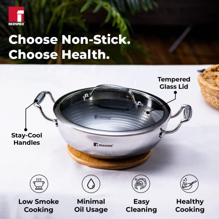 Bergner Hitech Tri-Ply Stainless Steel Non-Stick Kadhai with Lid - Induction Bottom - Image 4