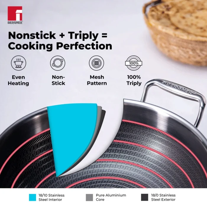 Bergner Hitech Tri-Ply Stainless Steel Non-Stick Kadhai with Lid - Induction Bottom - Image 7
