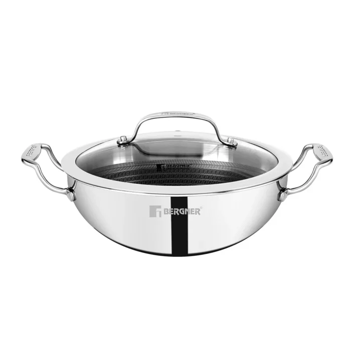 Bergner Hitech Tri-Ply Stainless Steel Non-Stick Kadhai with Lid - Induction Bottom