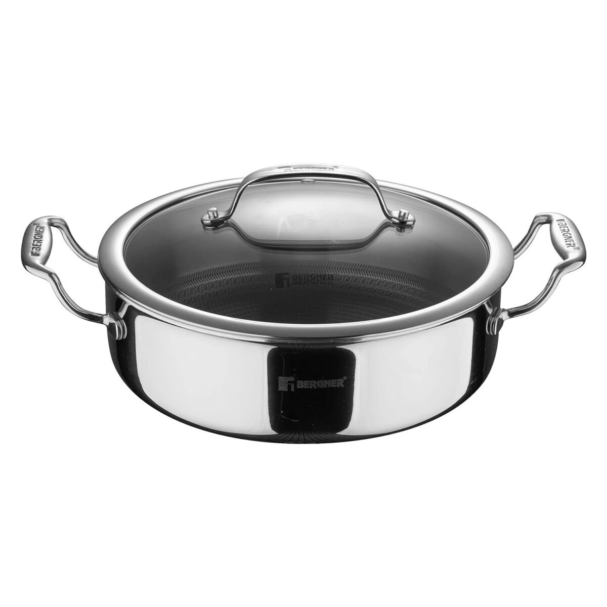 Bergner Hitech Tri-Ply Stainless Steel Non-Stick Cook & Serve Pan Cooking Pot with Glass Lid - Induction Bottom