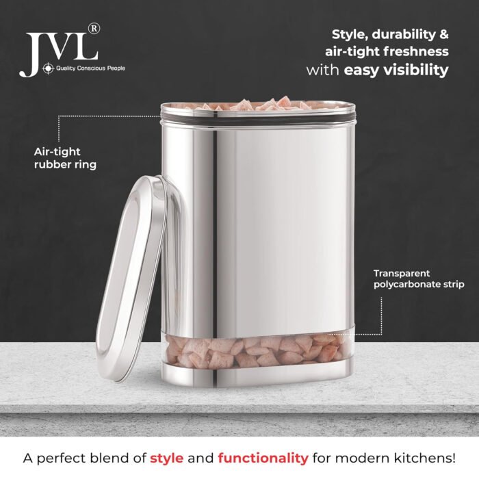 JVL Stainless Steel Kitchen Storage Container, Capsule Shape Galaxy Clear Canister with Unbreakable Steel Lid - Image 2