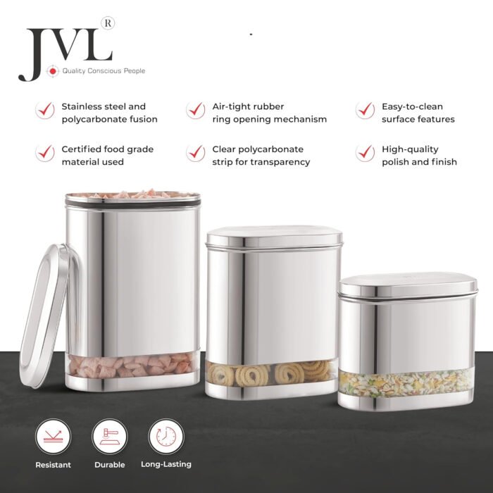 JVL Stainless Steel Kitchen Storage Container, Capsule Shape Galaxy Clear Canister with Unbreakable Steel Lid - Image 3