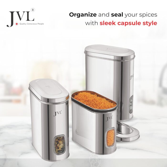 JVL Stainless Steel Kitchen Storage Container, Capsule Shape Galaxy Window Canister with Unbreakable Steel Lid - Image 3