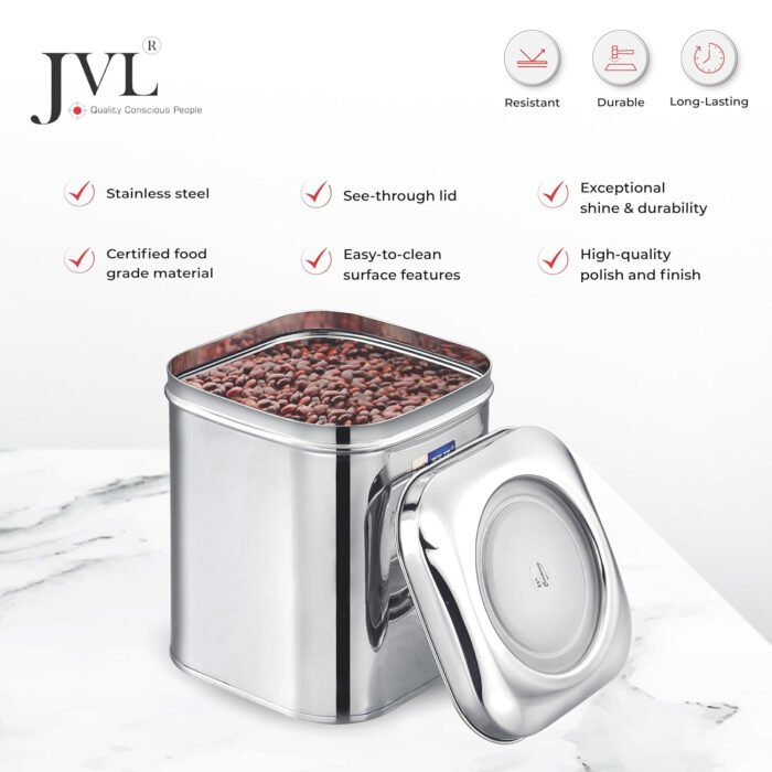JVL Stainless Steel Kitchen Storage Square Tin with See-Through Lid - Image 4