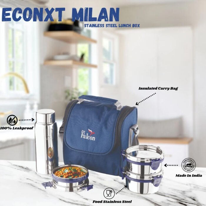 Pdd Falcon Stainless Steel EcoNxt Milan Lunch Box With 100% Leakproof Water Bottle Set of 4 - Image 3