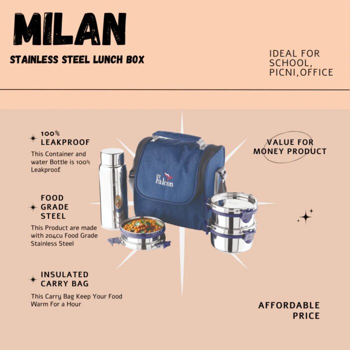 Pdd Falcon Stainless Steel EcoNxt Milan Lunch Box With 100% Leakproof Water Bottle Set of 4 - Image 5