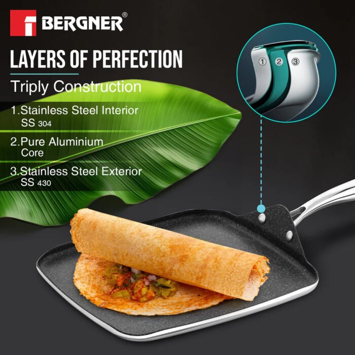 Argent Samsara Tri-Ply Stainless Steel 27cm Square Multi Tawa - Induction Bottom - Image 2