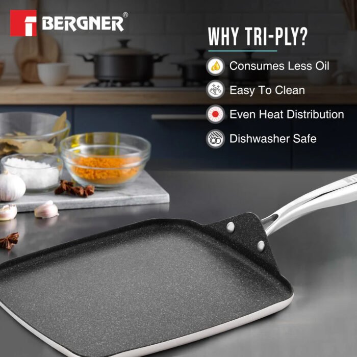 Argent Samsara Tri-Ply Stainless Steel 27cm Square Multi Tawa - Induction Bottom - Image 4