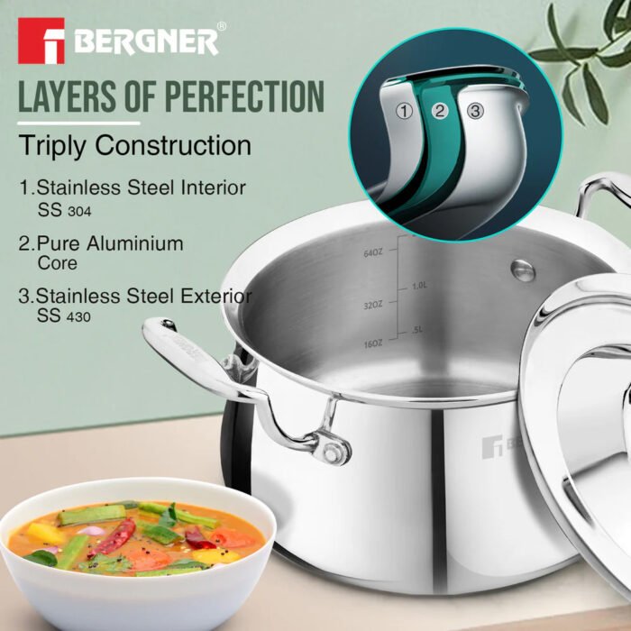 Argent Samsara Tri-Ply Stainless Steel Biryani Handi - Induction Bottom | 304 Grade | Stay-Cool Handles | 5-Year Warranty - Image 3