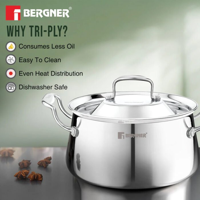 Argent Samsara Tri-Ply Stainless Steel Biryani Handi - Induction Bottom | 304 Grade | Stay-Cool Handles | 5-Year Warranty - Image 4