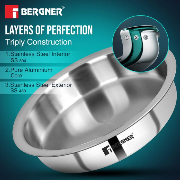 Argent Tri-Ply Stainless Steel Lagdi with Lid - Induction Friendly, Easy to Clean (Triply Cookware) - Image 3