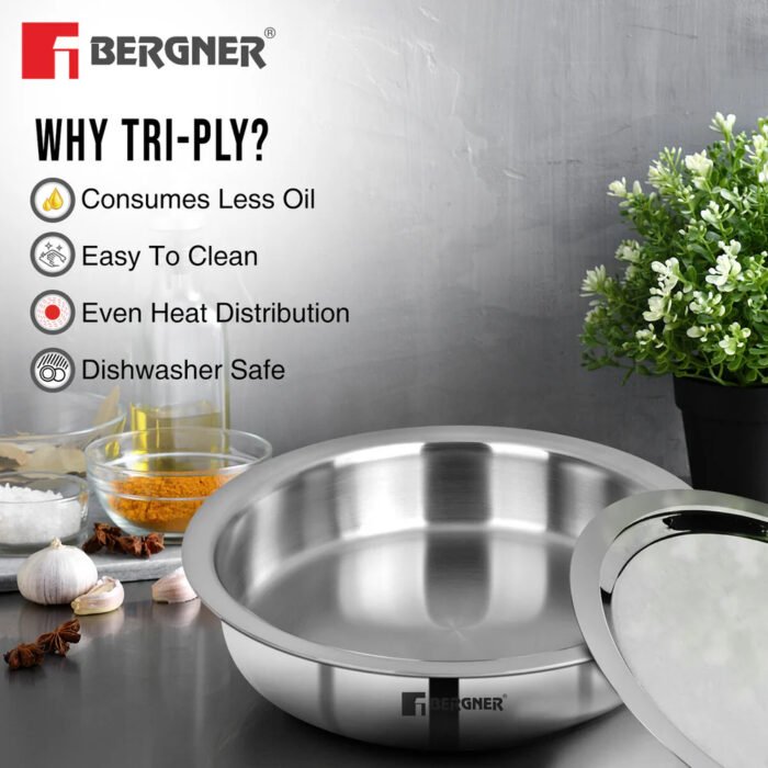 Argent Tri-Ply Stainless Steel Lagdi with Lid - Induction Friendly, Easy to Clean (Triply Cookware) - Image 5
