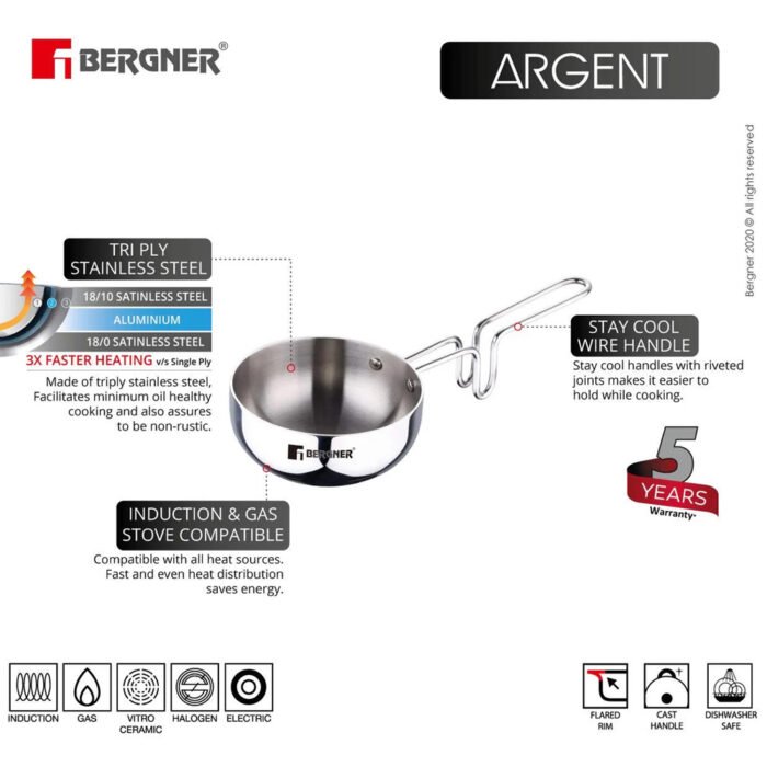 Argent Tri-Ply Stainless Steel Tadka Pan - 12cm, 500ml | Healthy Cooking with Less Oil - Image 4