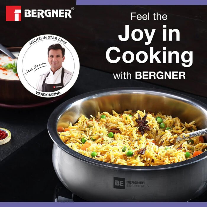 Bergner BE Essentials Tri-Ply Stainless Steel Biryani Handi – Induction Compatible | Healthy Cooking | Even Heat Distribution - Image 2