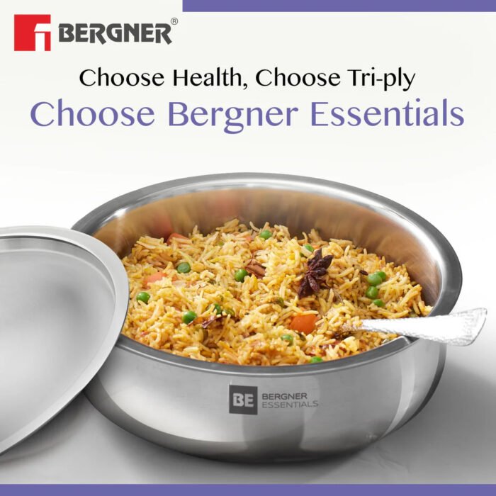 Bergner BE Essentials Tri-Ply Stainless Steel Biryani Handi – Induction Compatible | Healthy Cooking | Even Heat Distribution - Image 3