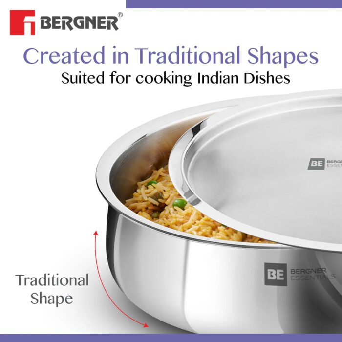 Bergner BE Essentials Tri-Ply Stainless Steel Biryani Handi – Induction Compatible | Healthy Cooking | Even Heat Distribution - Image 4
