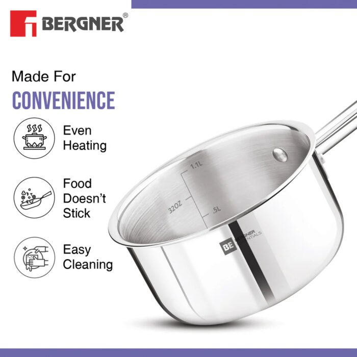 Bergner BE Essentials Tri-Ply Stainless Steel Teapan / Milk Pan - Full Induction Bottom - Image 5