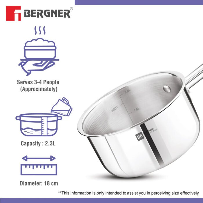 Bergner BE Essentials Tri-Ply Stainless Steel Teapan / Milk Pan - Full Induction Bottom - Image 17