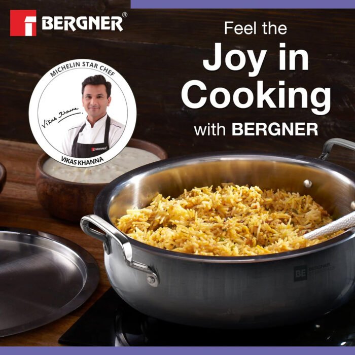 Bergner BE Essentials Tri-Ply Stainless Steel Biryani Handi with Handle | Induction & Gas Compatible | Even Heat Distribution | Dishwasher Safe - Image 6
