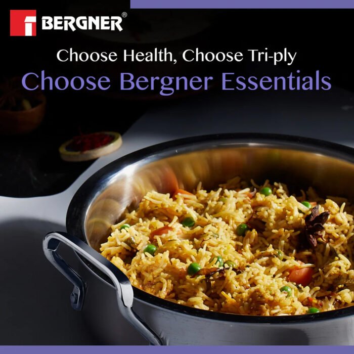 Bergner BE Essentials Tri-Ply Stainless Steel Biryani Handi with Handle | Induction & Gas Compatible | Even Heat Distribution | Dishwasher Safe - Image 5