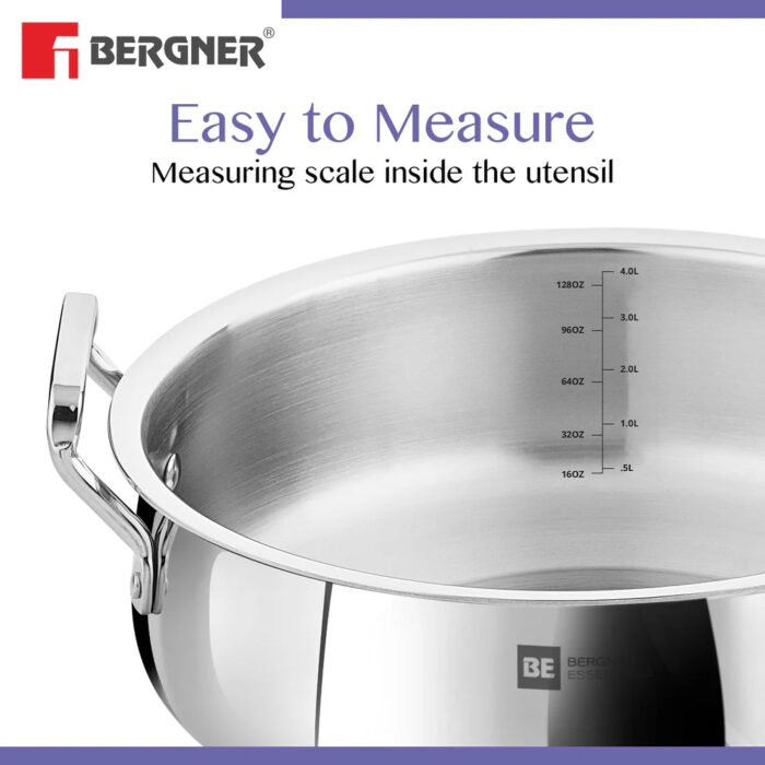 Bergner BE Essentials Tri-Ply Stainless Steel Biryani Handi with Handle | Induction & Gas Compatible | Even Heat Distribution | Dishwasher Safe - Image 2