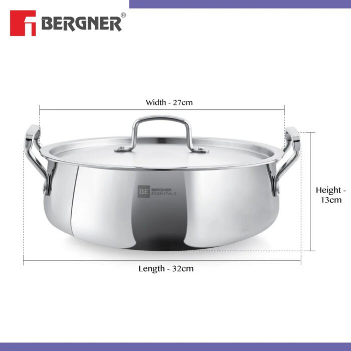 Bergner BE Essentials Tri-Ply Stainless Steel Biryani Handi with Handle | Induction & Gas Compatible | Even Heat Distribution | Dishwasher Safe - Image 7