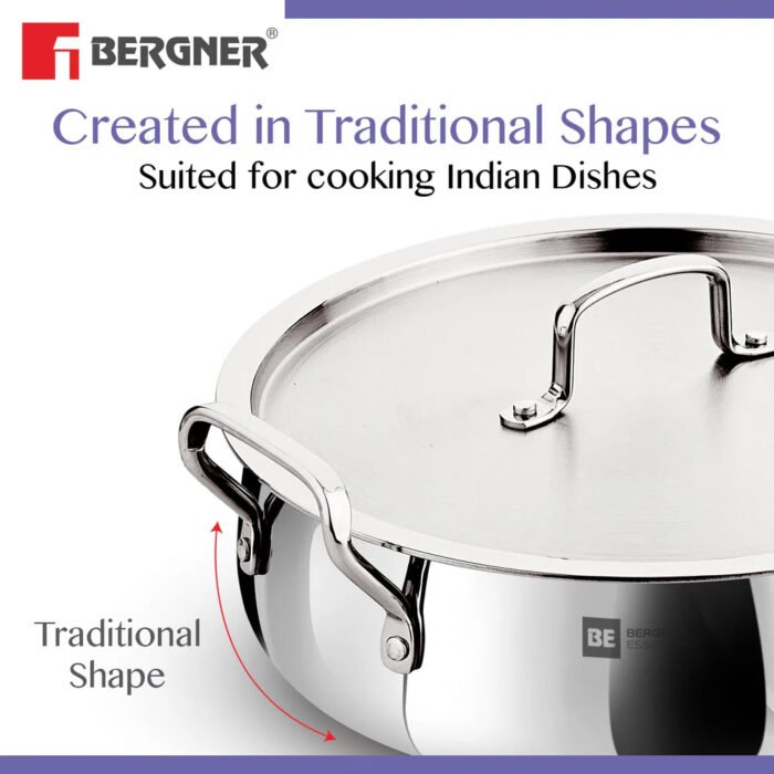 Bergner BE Essentials Tri-Ply Stainless Steel Biryani Handi with Handle | Induction & Gas Compatible | Even Heat Distribution | Dishwasher Safe - Image 3