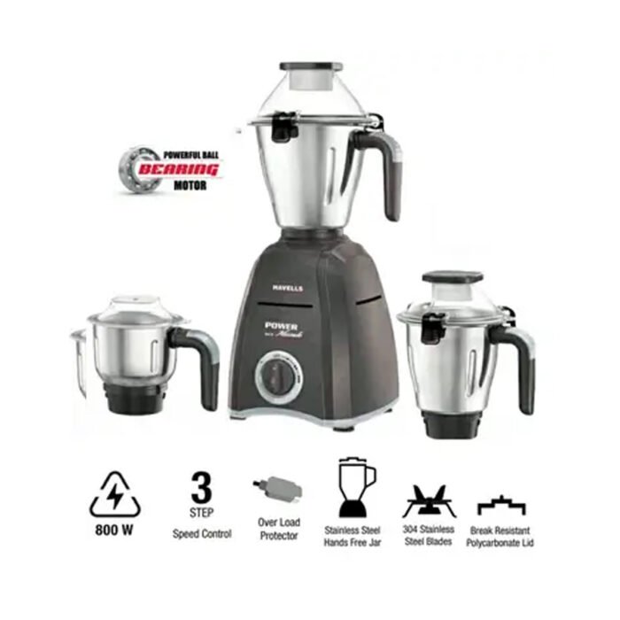 Havells Power Hunk Mixer Grinder 800W | 3 Jars | Powerful Motor, Ball Bearing, Ergonomic Handles - Image 4