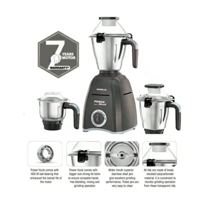 Havells Power Hunk Mixer Grinder 800W | 3 Jars | Powerful Motor, Ball Bearing, Ergonomic Handles - Image 5