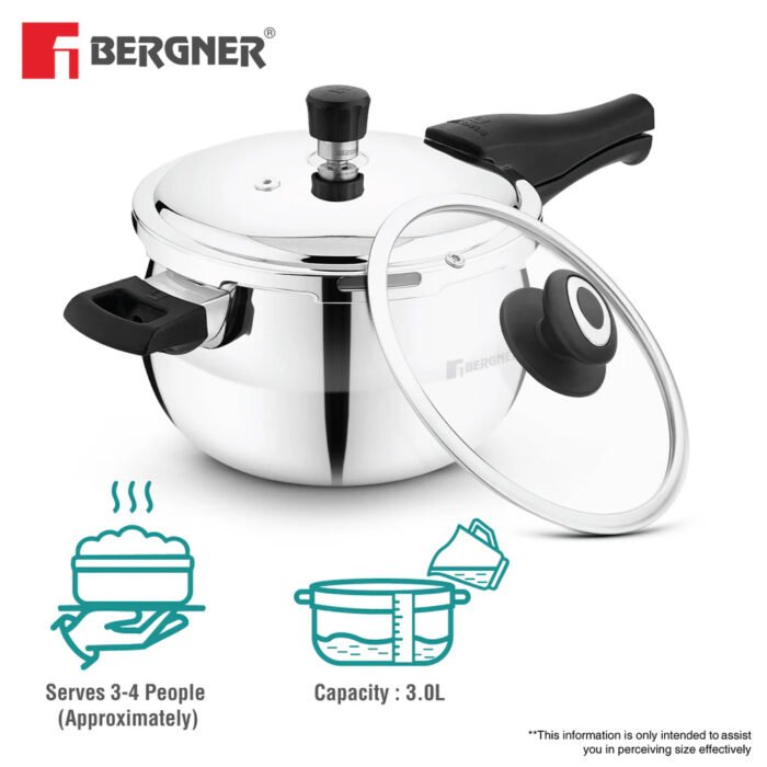 Bergner Trimax ORB Tri-Ply Stainless Steel Pressure Cooker | Outer Lid | Glass Lid Included | Induction & Gas Compatible | ISI Approved - Image 9