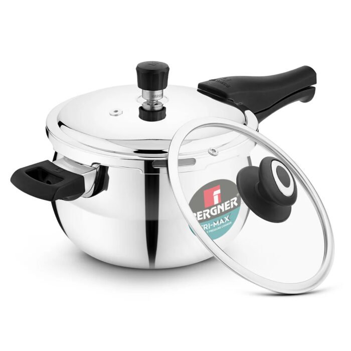Bergner Trimax ORB Tri-Ply Stainless Steel Pressure Cooker | Outer Lid | Glass Lid Included | Induction & Gas Compatible | ISI Approved - Image 8