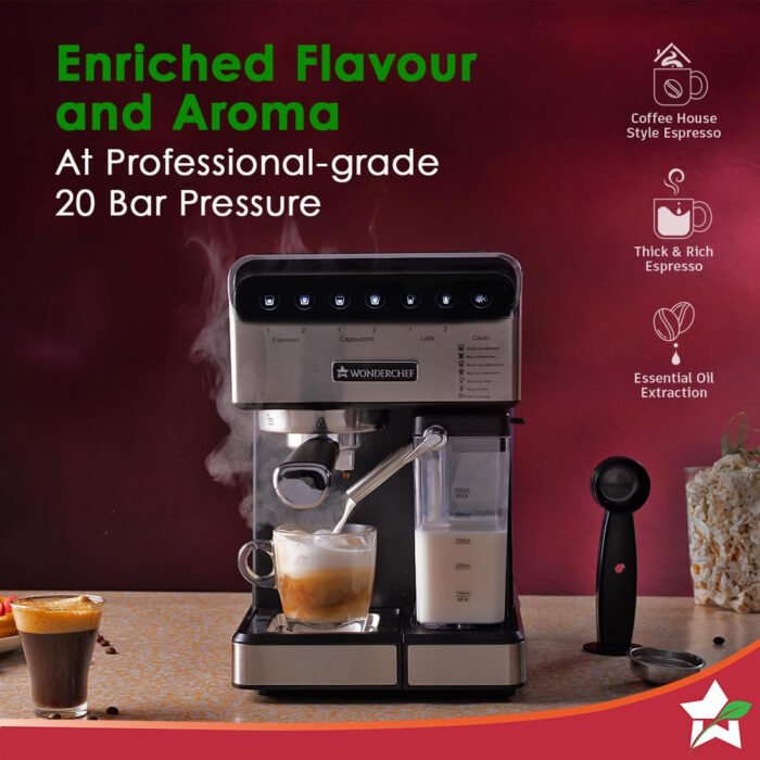 Wonderchef Regenta Automatic Coffee Maker - 20-Bar, Auto-Frother, LCD Display, Steamer & Metal Porta Filter (2-Year Warranty) - Image 3