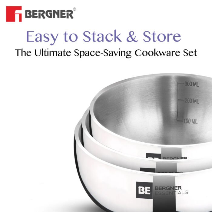 Bergner BE Essentials TriPly Stainless Steel 3 Pcs Mini Tasra Set - Cook & Serve with Style - Image 5