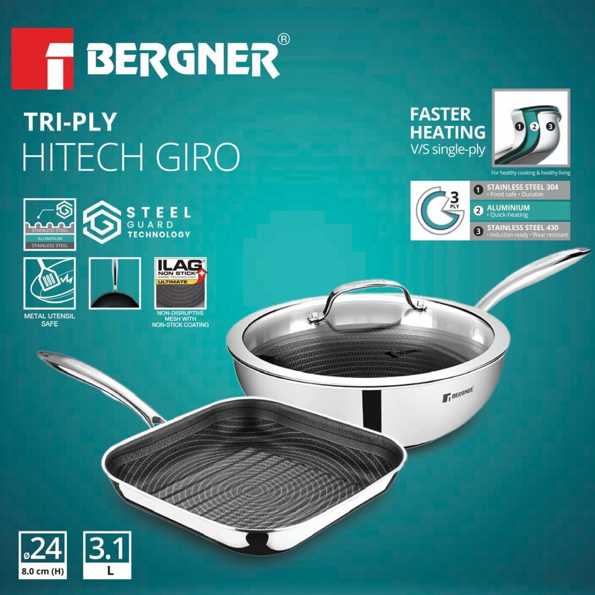 Bergner Hitech Giro Wok Pan 24cm + Grill Pan 24cm