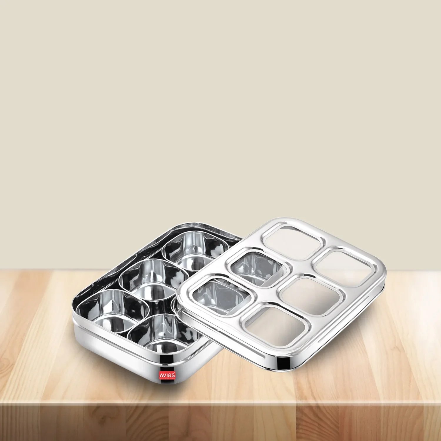 AVIAS 6 Square Stainless Steel Spice Box with 6 Compartments | See-Through Break Resistant Lid | Masala Dani / Masala Dabba / Dry Fruit Box - Image 2