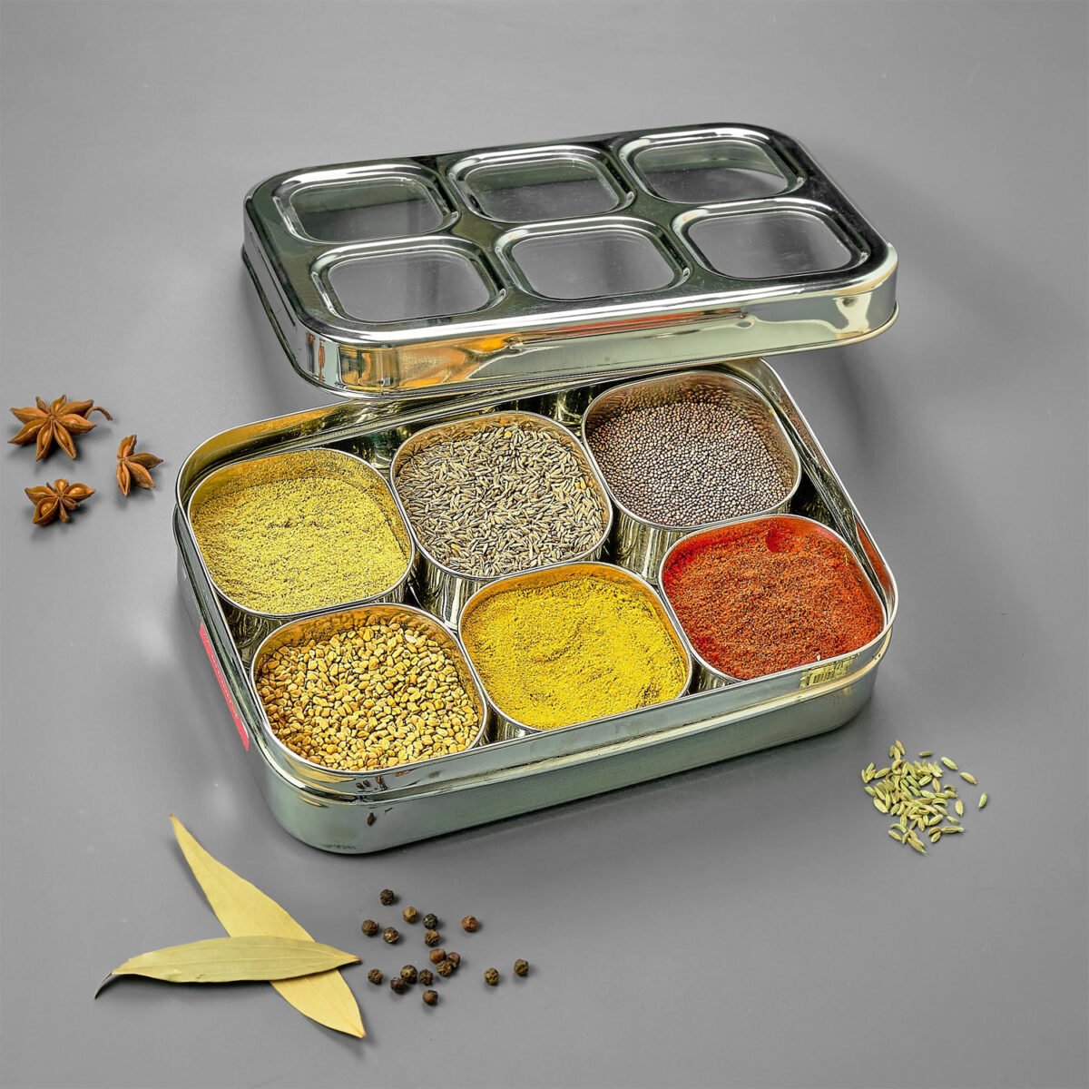 AVIAS 6 Square Stainless Steel Spice Box with 6 Compartments