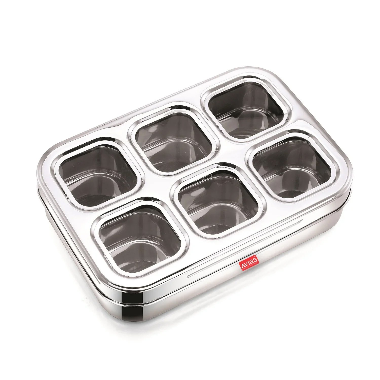 AVIAS 6 Square Stainless Steel Spice Box with 6 Compartments | See-Through Break Resistant Lid | Masala Dani / Masala Dabba / Dry Fruit Box - Image 3
