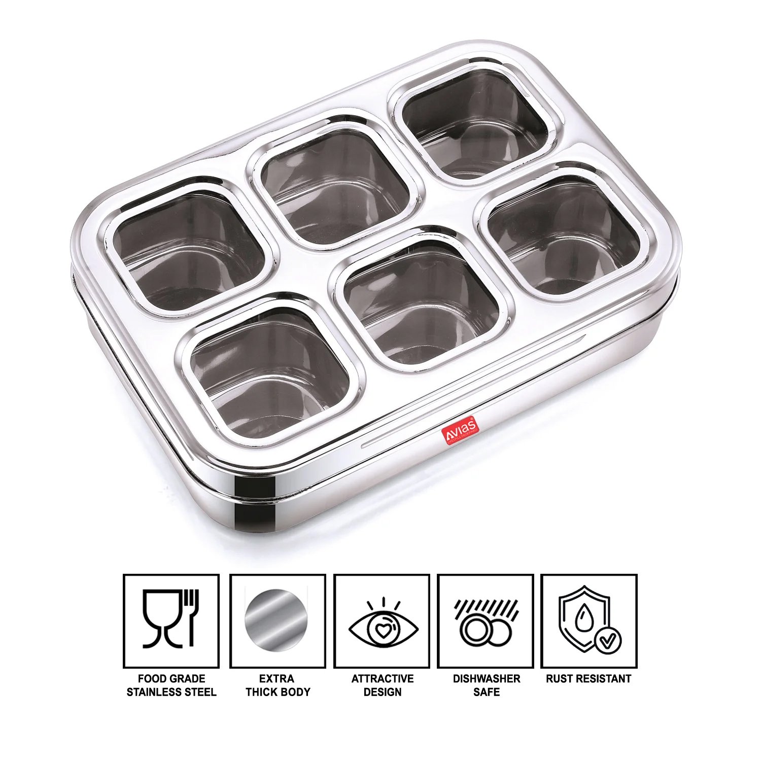 AVIAS 6 Square Stainless Steel Spice Box with 6 Compartments | See-Through Break Resistant Lid | Masala Dani / Masala Dabba / Dry Fruit Box - Image 4