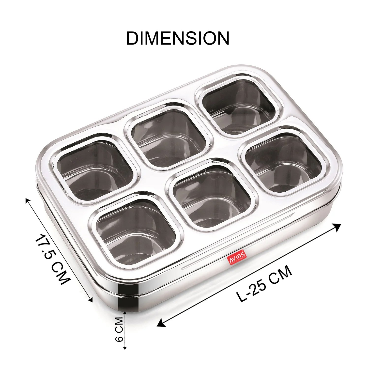 AVIAS 6 Square Stainless Steel Spice Box with 6 Compartments | See-Through Break Resistant Lid | Masala Dani / Masala Dabba / Dry Fruit Box - Image 5