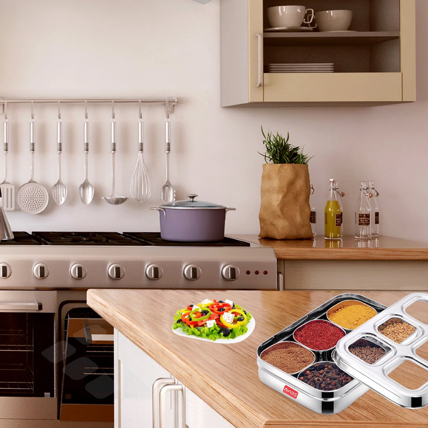 AVIAS 6 Square Stainless Steel Spice Box with 6 Compartments | See-Through Break Resistant Lid | Masala Dani / Masala Dabba / Dry Fruit Box - Image 6