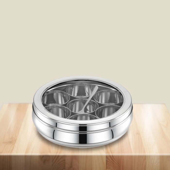 AVIAS Stainless Steel Deluxe Spice Box with See-Through Lid | Masala Dabba / Masala Dani Organizer with 7 Compartments & Spoon | Small & Medium Sizes - Image 2