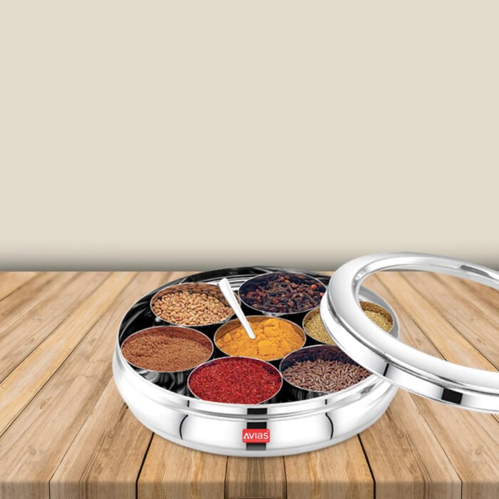 AVIAS Stainless Steel Deluxe Spice Box with See-Through Lid | Masala Dabba / Masala Dani Organizer with 7 Compartments & Spoon | Small & Medium Sizes - Image 3