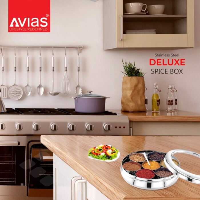 AVIAS Stainless Steel Deluxe Spice Box with See-Through Lid | Masala Dabba / Masala Dani Organizer with 7 Compartments & Spoon | Small & Medium Sizes - Image 8